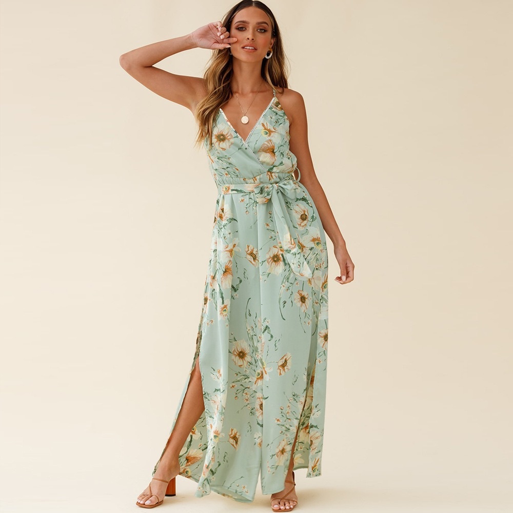 Floral Print Side Slit Jumpsuit Mint - Picture 4 of 5